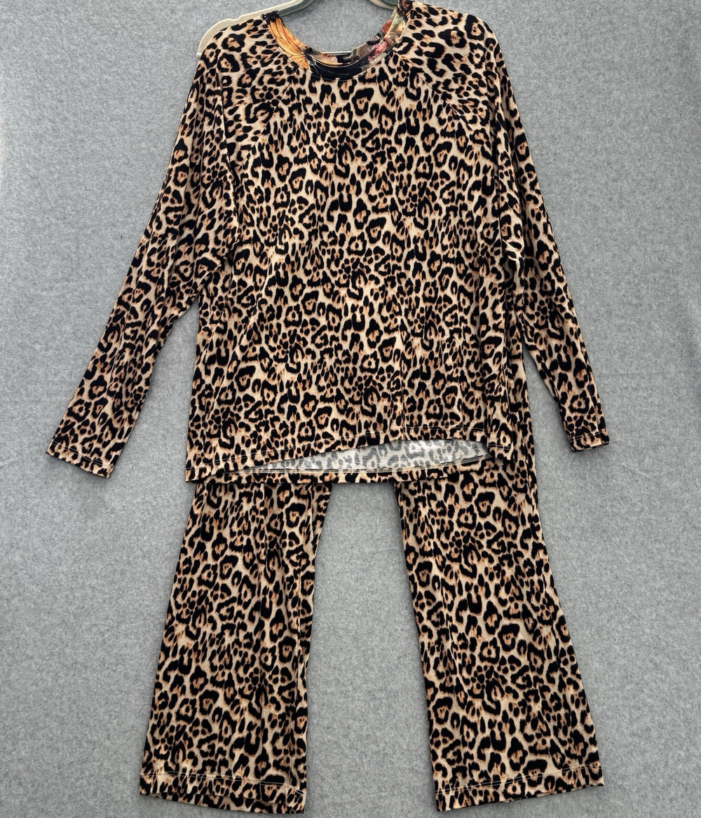 Johnny Was The Raglan PJ Set Sz L Leopard Tayros Brown Pants Long Sleeve NEW
